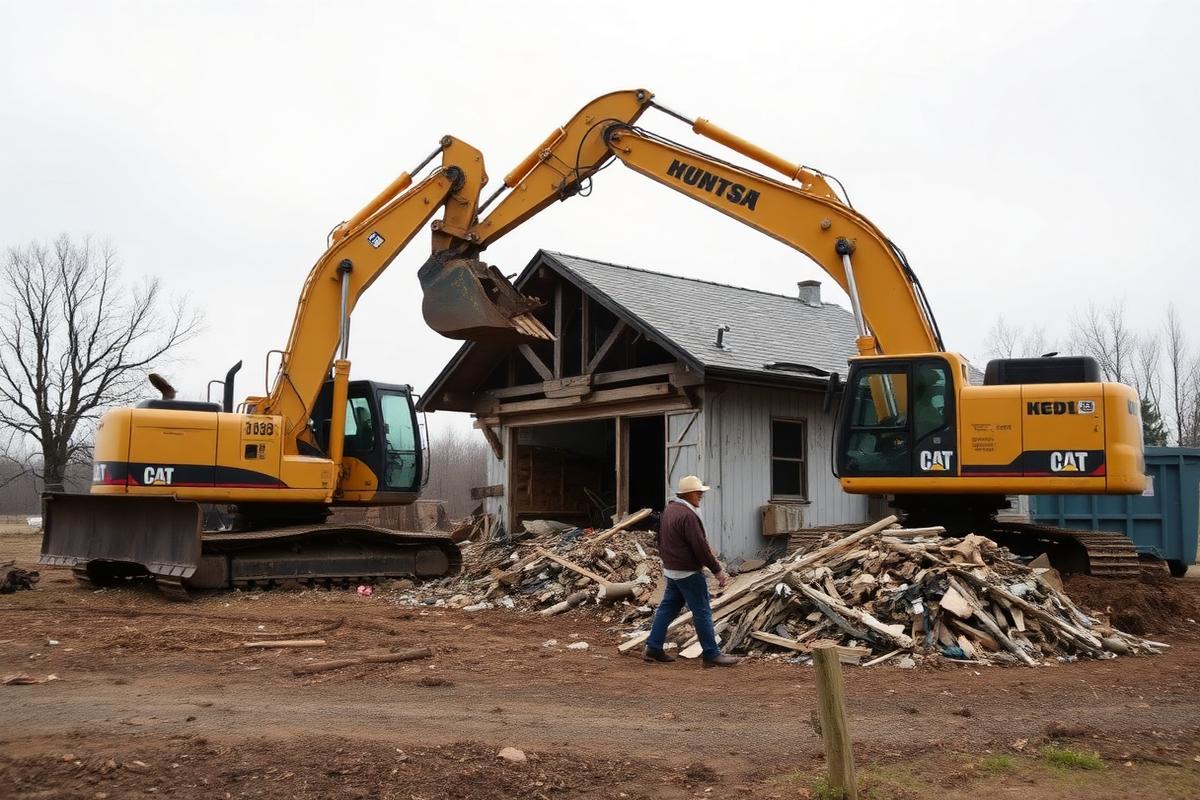 Excavator demolishing a small outbuilding with debris piled nearby