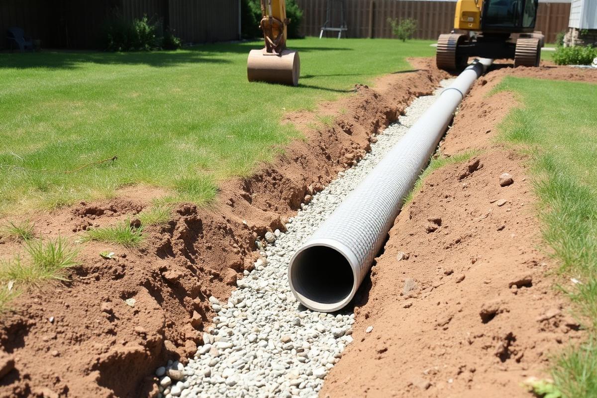 Perforated drainage pipe and gravel being installed in a trench