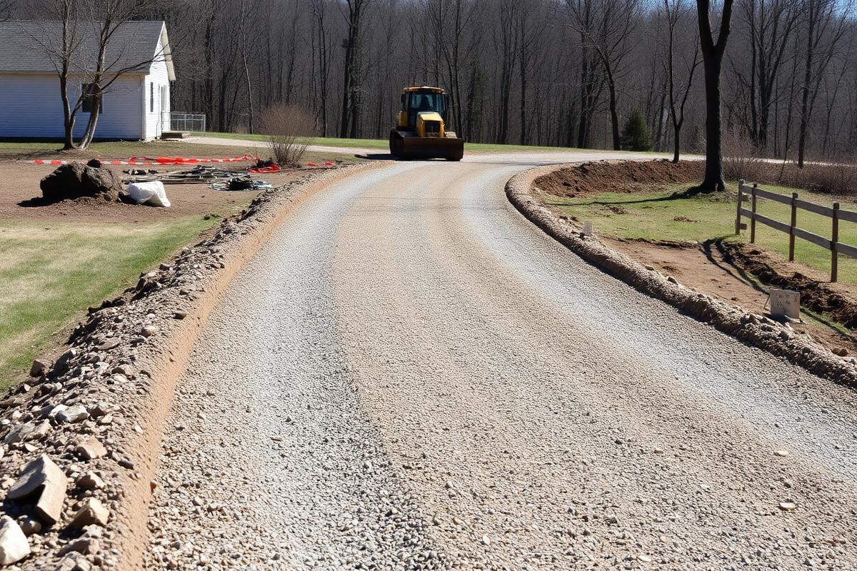 Newly graded gravel driveway cut through a rural property