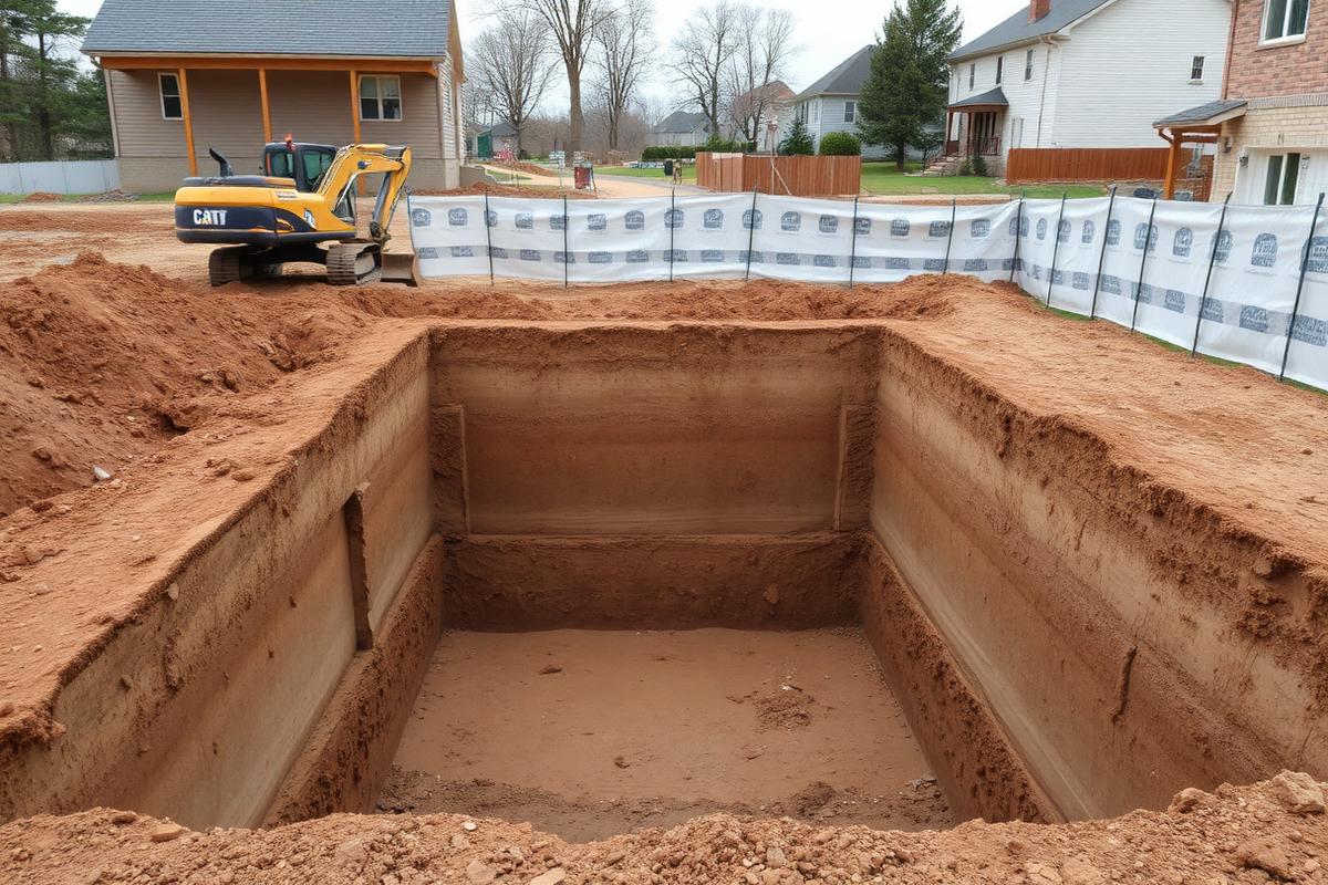 Open foundation excavation with clean soil walls on a residential lot