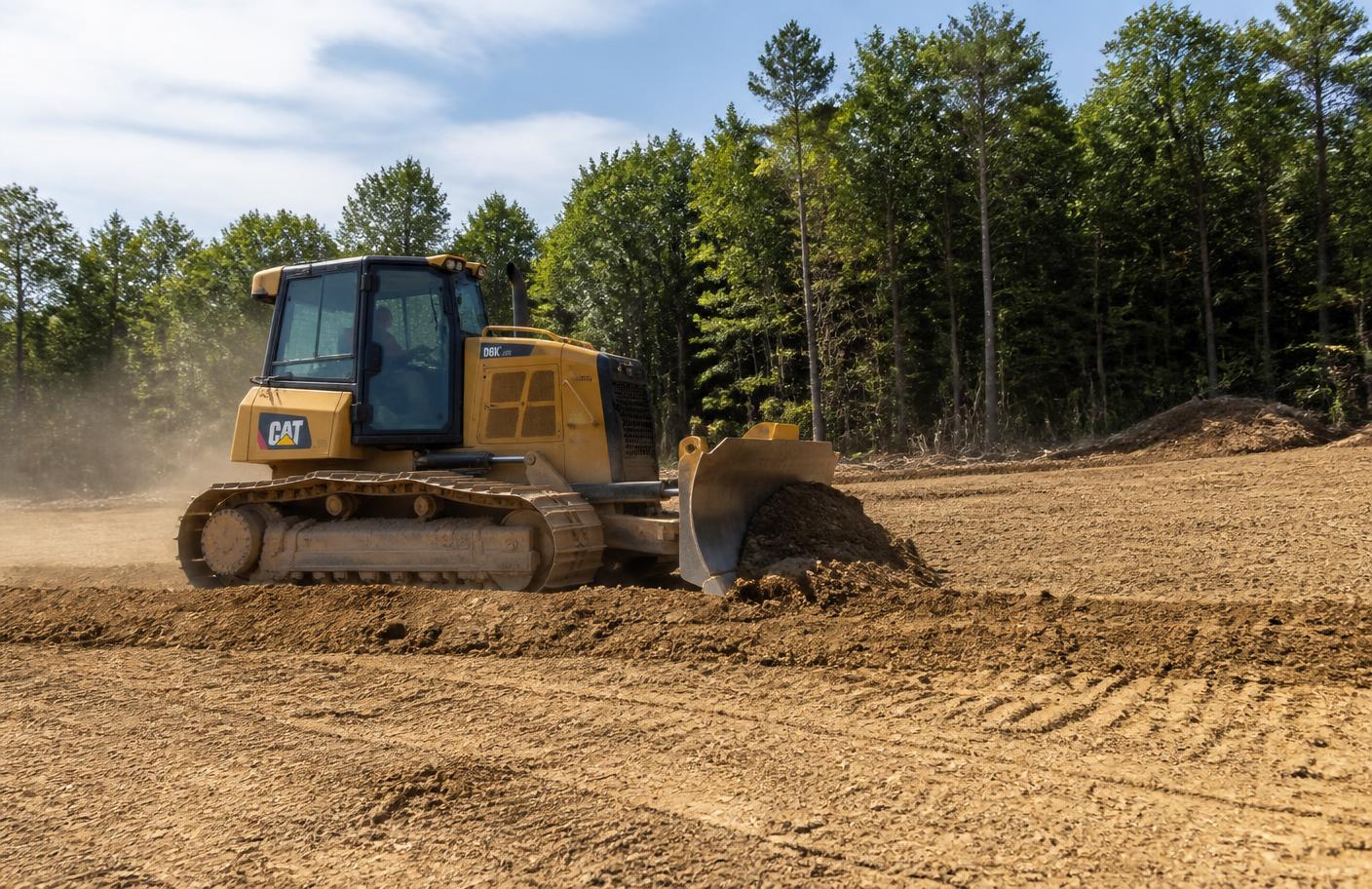 Dozer spreading and leveling soil across a cleared building site