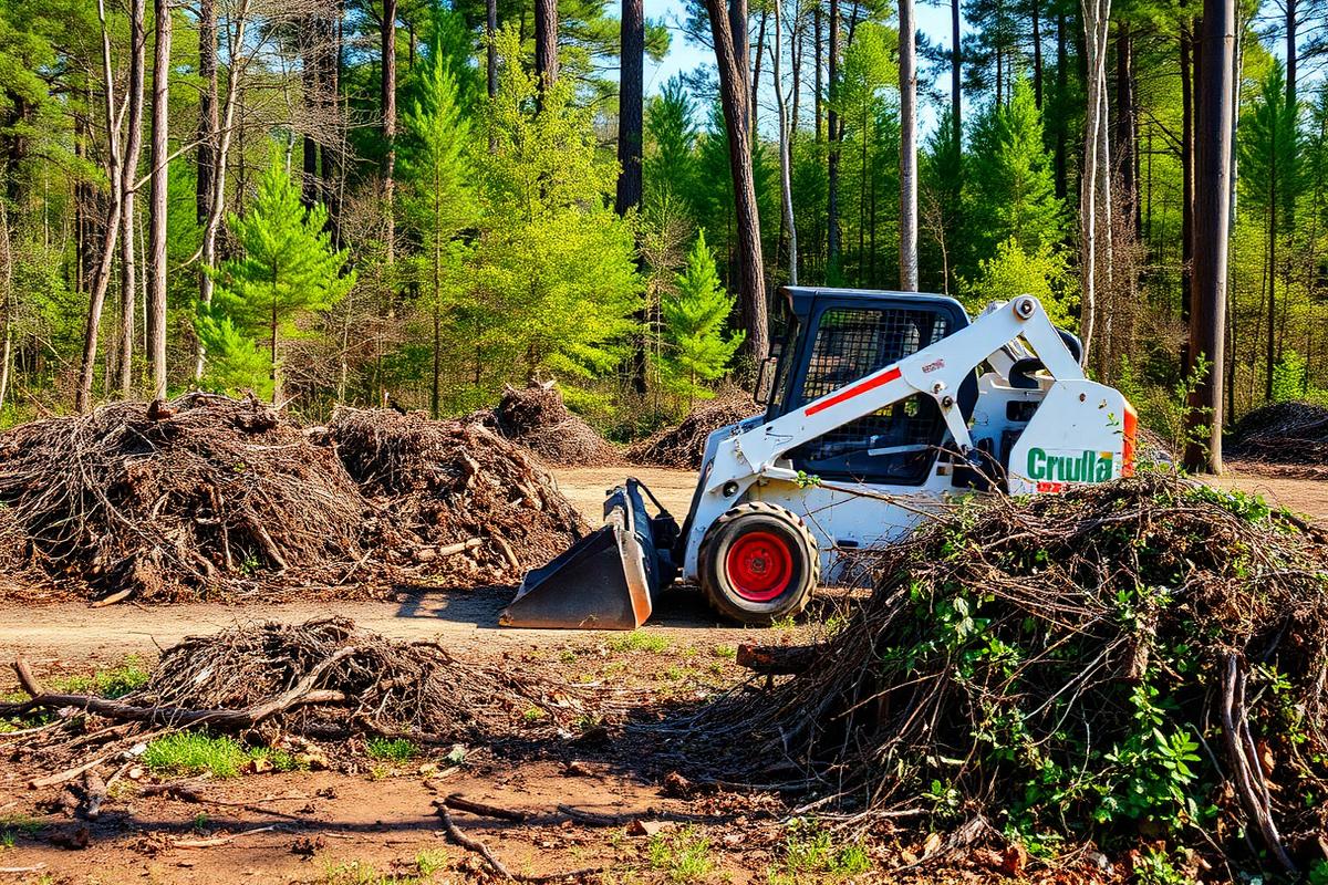 Skid steer clearing brush at the edge of a wooded lot