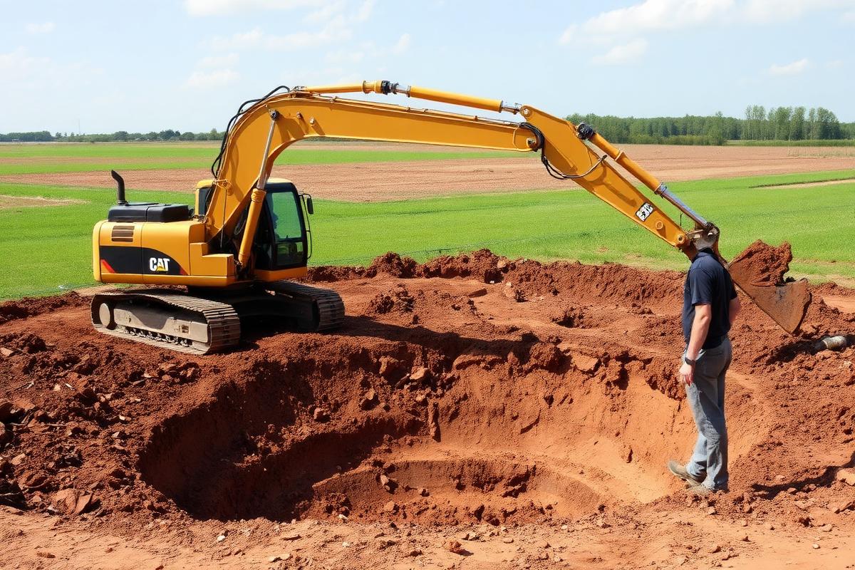 Excavator digging a new pond basin in a rural field