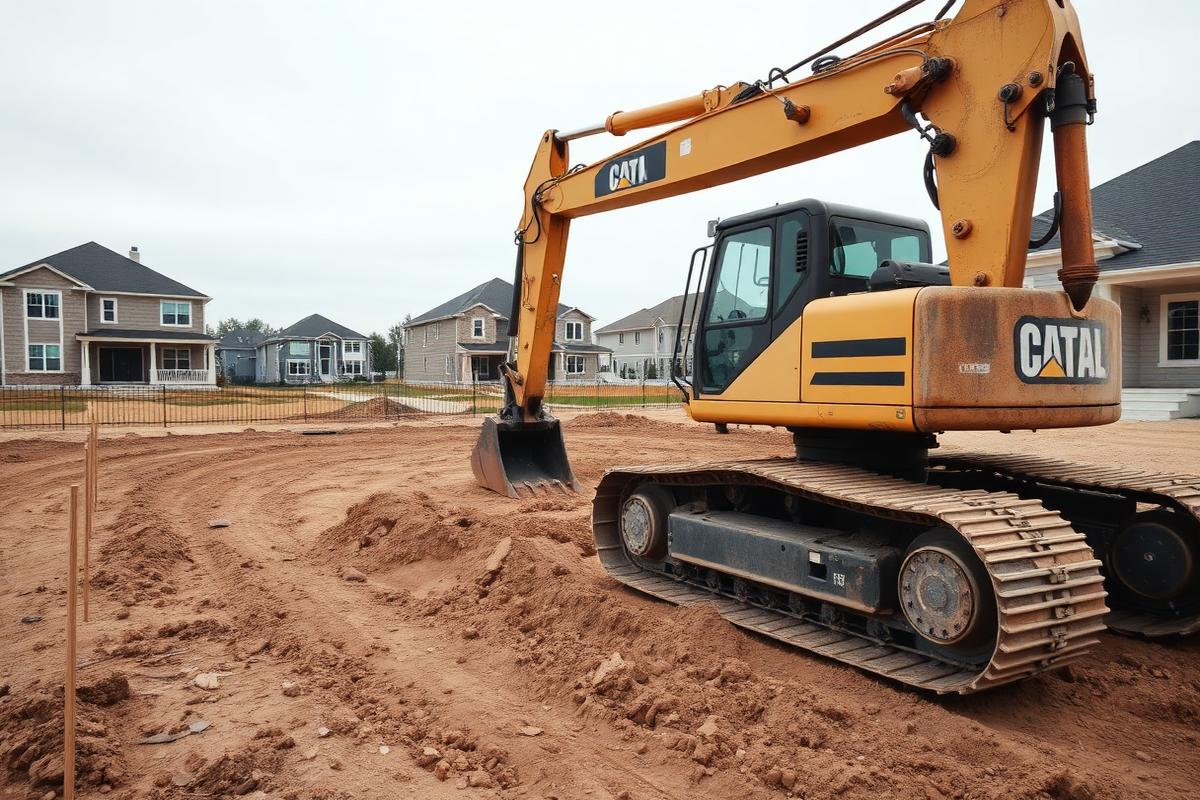 Excavator rough-grading a cleared residential building pad